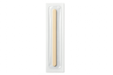 Wooden coffee stirrer in sterile packaging with transparent background