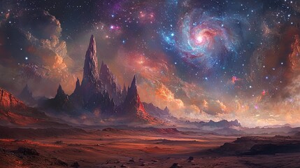 A vast, otherworldly landscape under a vibrant night sky.