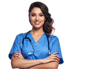 Smiling young female healthcare professional with arms crossed, wearing blue scrubs on a black background
