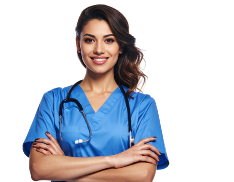 Smiling young female healthcare professional with arms crossed, wearing blue scrubs on a black background