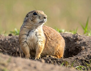 Fototapeta premium A tan rodent stands near its burrow, gazing upward into the sunlight