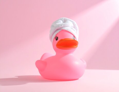 A pink rubber avian figure wearing a white towel on its head