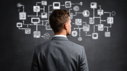 Businessman Analyzing Virtual Network on Chalkboard for Strategic Decision Making
