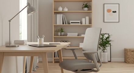 Sleek modern home office setup with a clean desk, ergonomic chair, and organized bookshelf creating a productive, serene workspace.