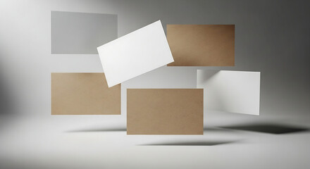 Floating white and kraft paper business cards with open box mockup.