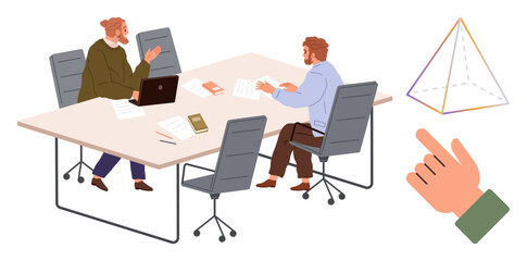 Two professionals discussing ideas at a table with office supplies, laptop, and books. Hand gesture points to a geometric pyramid. Ideal for teamwork, business, geometry, education, collaboration
