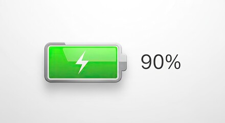 Vibrant green battery icon showing 90% charge with a white lightning bolt symbol on a clean white background, perfect for tech and energy concepts.