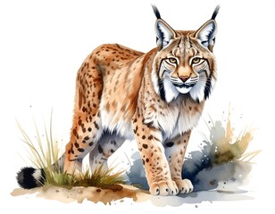 A proud wildcat with tufted ears and spotted fur, watercolor style