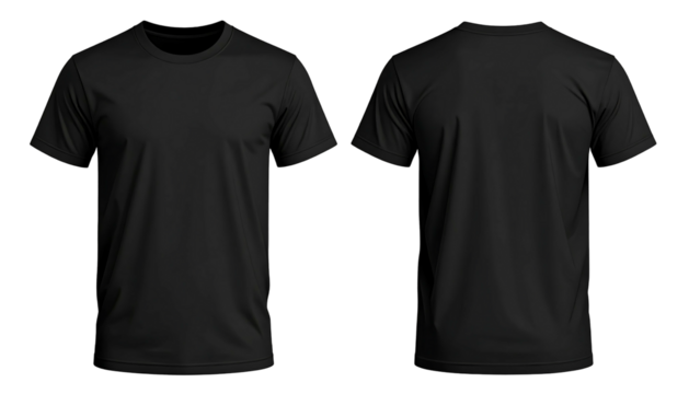 Two views of a plain black t-shirt, front and back, isolated on a dark backdrop