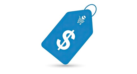 Dynamic blue price tag icon featuring a dollar sign and shopping cart, symbolizing retail sales, discounts, and e-commerce success.