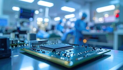 Close Up Of A Computer Motherboard With A Central Processing Unit And Heat Sink With A Blurred Blue toned Medical Operating Room Background Showing Surgeons Performing Surgery With Robotic Instruments