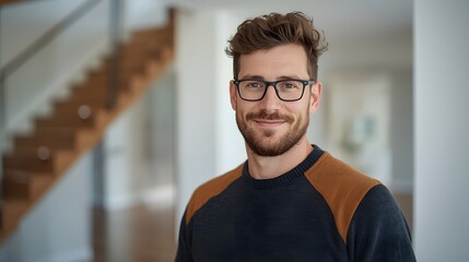 A man with a beard and glasses standing indoors near a staircase, wearing a dark sweater, softly lit with a neutral, modern background.