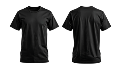 Two views of a simple black t-shirt shown against a dark background, front and back, for design mockup purposes