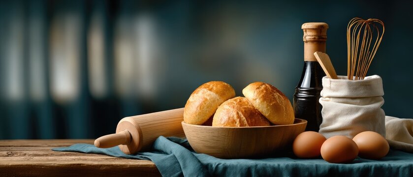 Rustic Baking Scene with Fresh Bread, Eggs, and Kitchen Utensils on Wooden Table