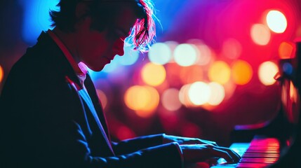 Young Pianist Playing in Vibrant Concert Setting with Colorful Bokeh Lights