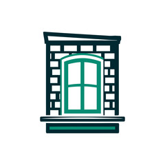 Stylized Building Facade with Window Icon A sandstone colored building facade fragment appears on a beige field