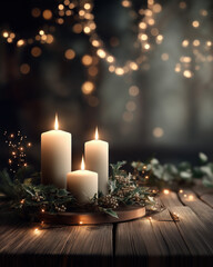 Candles and holly on rustic wooden table with twinkling fairy lights and warm ambient glow