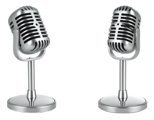 Two vintage-style silver microphones stand on bases, isolated against a black background, facing opposite directions