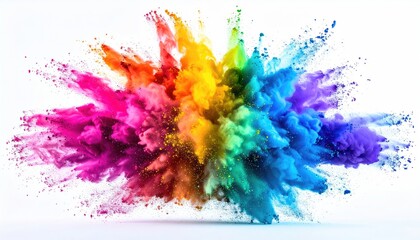 Fototapeta premium Explosion of Vibrant Rainbow Colored Powder on a White Background with Many Small Particles Flying Around the Center