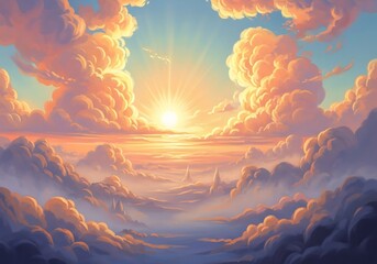 Beautiful sunrise over clouds painting sky ocean horizon serene nature landscape