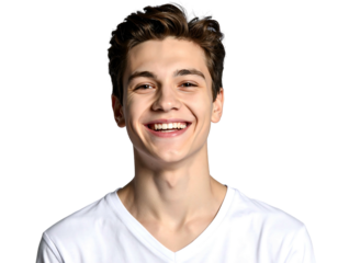 Smiling young man with brown hair, wearing a white V-neck shirt, against a dark, plain backdrop