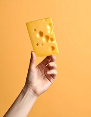 Human hand holding a rectangular piece of cheese against an orange backdrop
