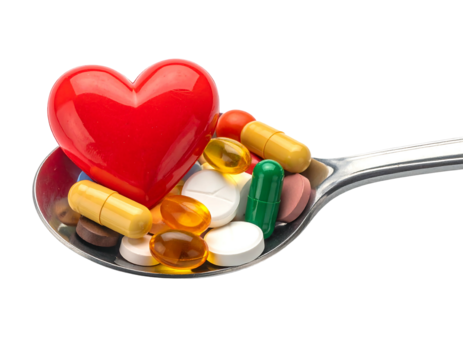 Spoonful of pills with a red heart, suggesting medicine for cardiovascular health and overall well-being
