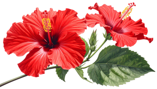 Two vivid red hibiscus flowers with yellow stamens and green leaves on a black background - Powered by Adobe