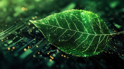 Digital leaf on circuit board, nature technology, future concept, ecological innovation