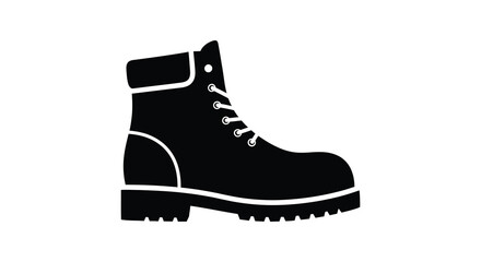 Black silhouette of a sturdy work boot with white laces and sole details on a white background