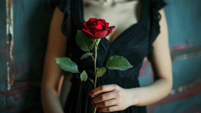 A woman in a black dress is holding a single red rose in her hand. The background is dark and out of focus, emphasizing the flower.