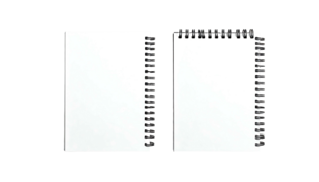 Two white, blank spiral notebooks side by side on a solid black background