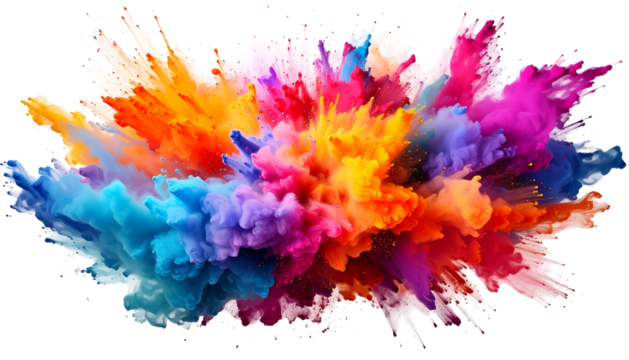 Vibrant explosion of colored powder bursts outward against a dark backdrop, creating dynamic visual effect