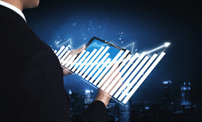 A businessman stands against a futuristic city backdrop, analyzing financial data on a tablet with overlay graphs depicting growth and trends. Impute