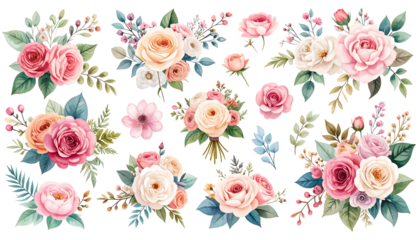 Watercolor floral arrangements in pastel pinks, oranges, creams, and greens on a black background