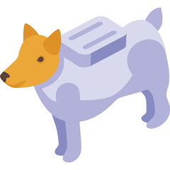 Isometric Illustration of a Dog Wearing a Backpack Object on its Back in a Clean Light Blue and Orange Color Palette on a Transparent Background
