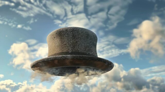 A digital  of an alien hat-shaped spacecraft in a blue sky with clouds, symbolizing the idea of unusual or whimsical technology.