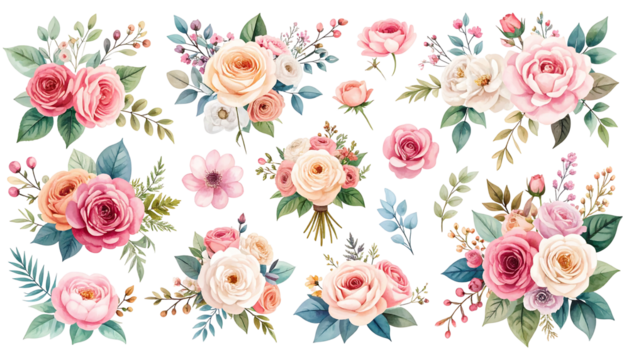 Watercolor floral arrangements in pastel pinks, oranges, creams, and greens on a black background