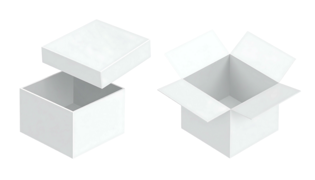 Two white boxes, one open, one closed with lid above it, both on a black background, vector graphic