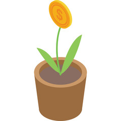 Isometric Illustration of a Gold Coin Flower Growing in a Brown Pot Symbolizing Financial Growth and Investment Opportunities on a Clean White Background