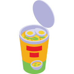 Isometric Illustration of a Cup of Instant Noodles With Sliced Eggs and Green Toppings Served With a Side Dish on a Transparent Background