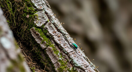 Emerald ash borer on tree bark with moss. Perfect for environmental awareness, forest conservation, or insect study materials. Nature illustration. Emerald insect.
