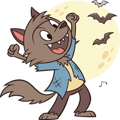 Happy cartoon werewolf dancing under the moon character