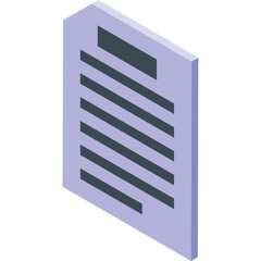 Isometric illustration of a document with lines of text on a transparent background in a light purple hue conveying information or data
