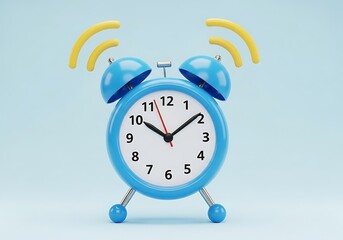 Bright blue retro alarm clock ringing loudly signaling time for the day