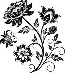 Stylized floral elements black and white flowers leaves