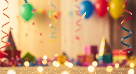 Blurred festive birthday party decorations with balloons and confetti