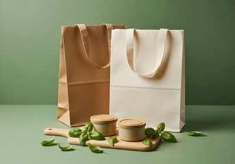 Elegant gift bags with natural elements arranged artfully for product photography