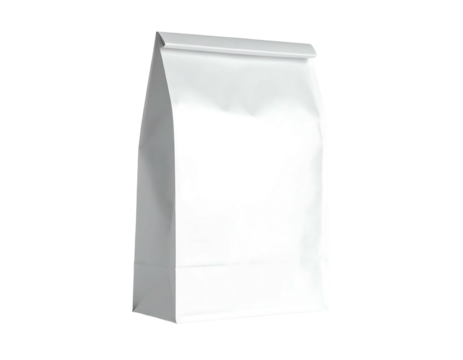 White paper bag stands upright, showcasing simple packaging on a dark background, ready for graphic customization
