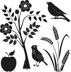 Black silhouettes of birds flowers apple and wheat
